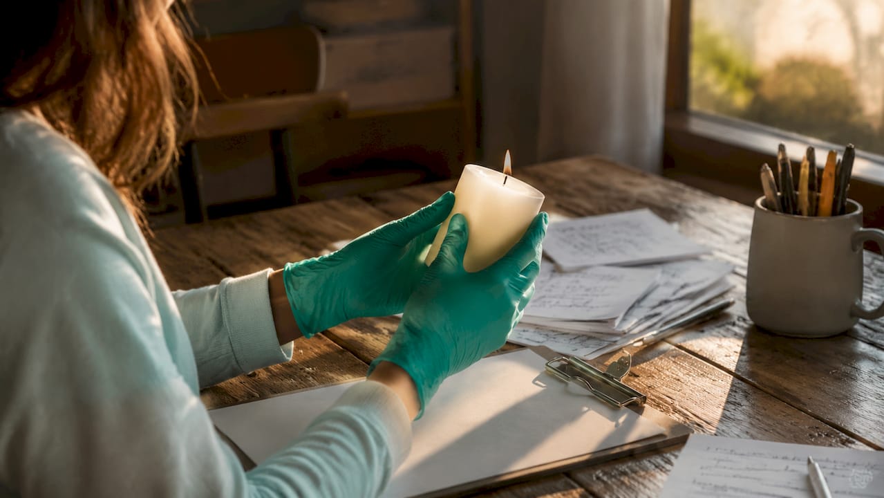 Gloved hands holding lit paraffin candle in lab