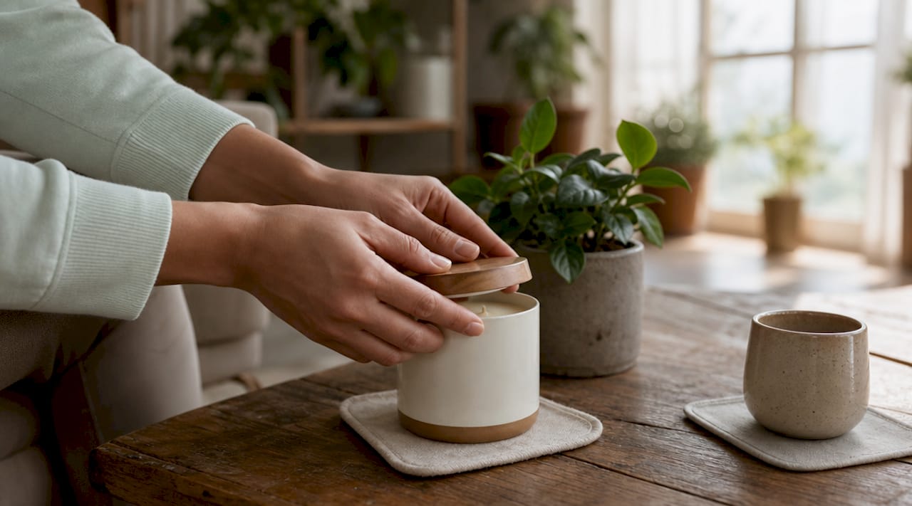 Hands uncovering candle to smell fragrance