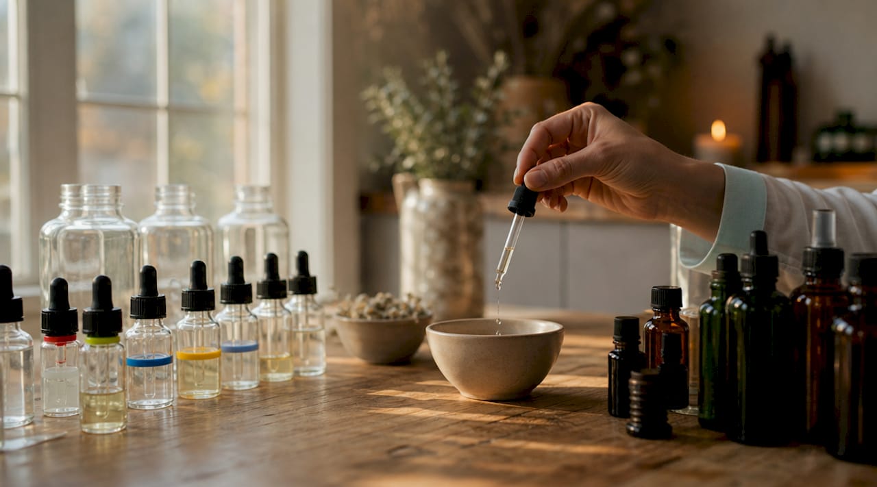 Hand holding dropper dispensing essential oil beside fragrance oils