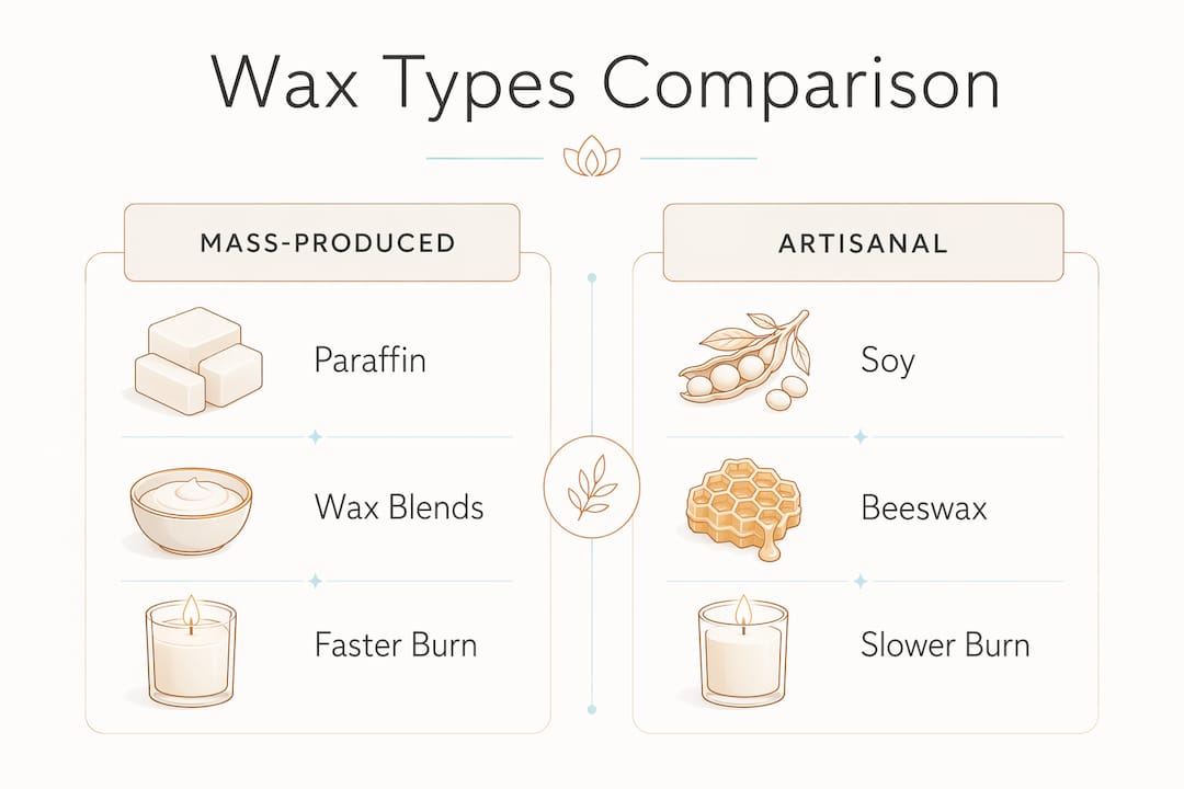 Infographic comparing mass-produced and artisanal candle wax types and burn characteristics