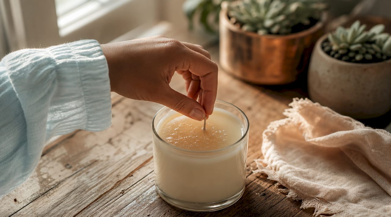 Paraffin wax candle melted with wick adjustment