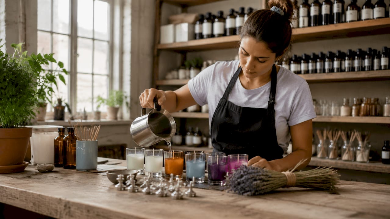 Woman stirring melted soy wax in workshop