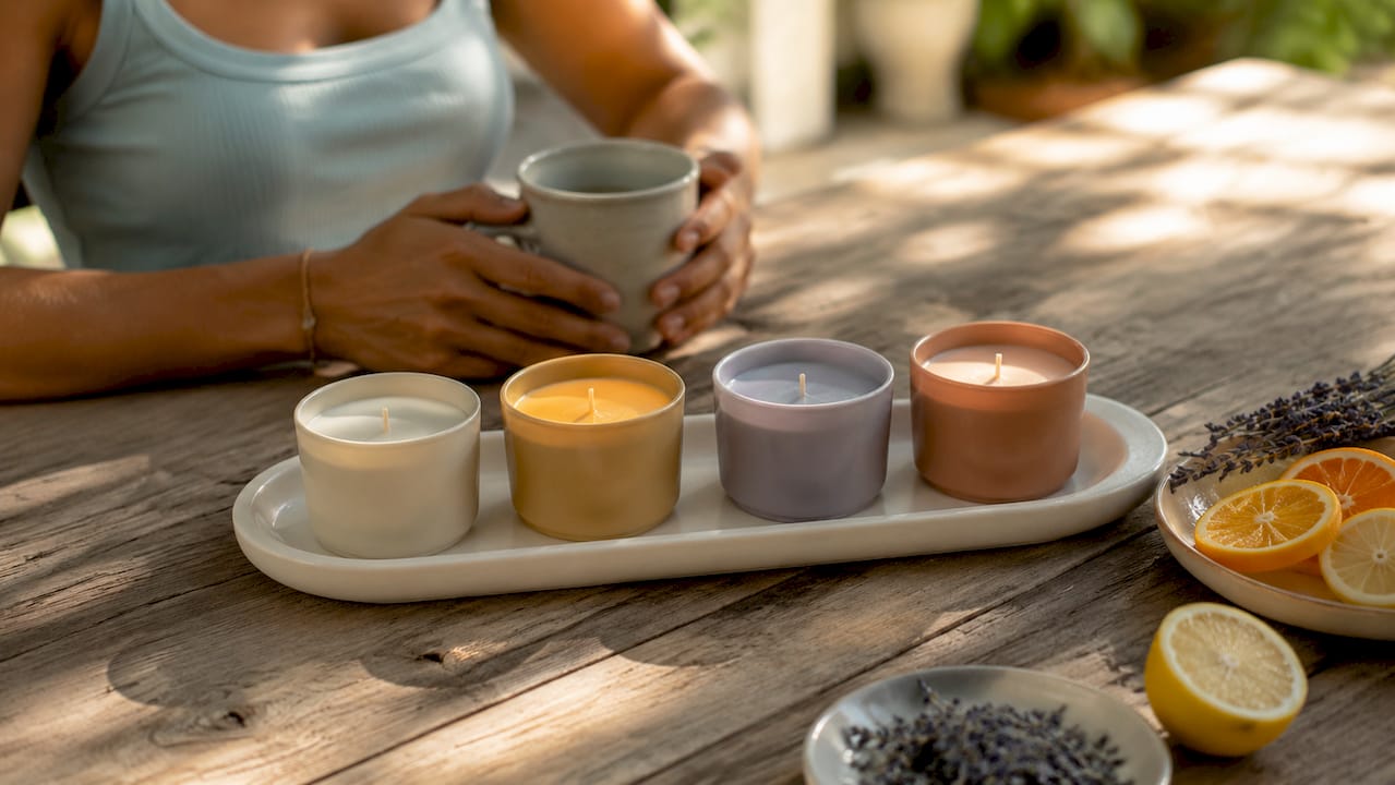 Variety of scented soy candles in ceramic tray