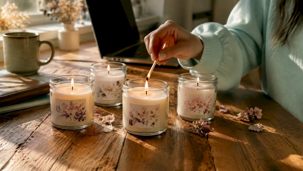 Lighting floral scented candle wick close-up