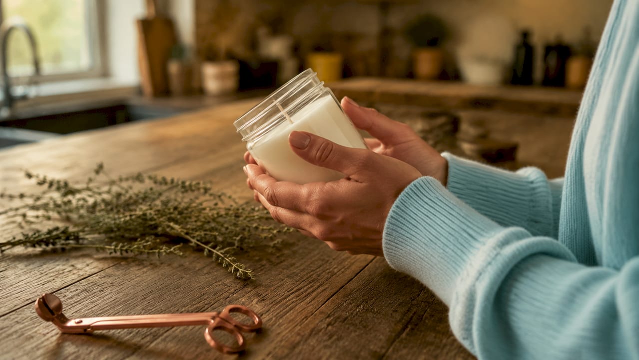 Hands holding candle with detailed ingredient label
