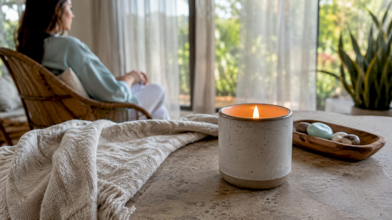 Close-up soy wax candle on rustic shelf