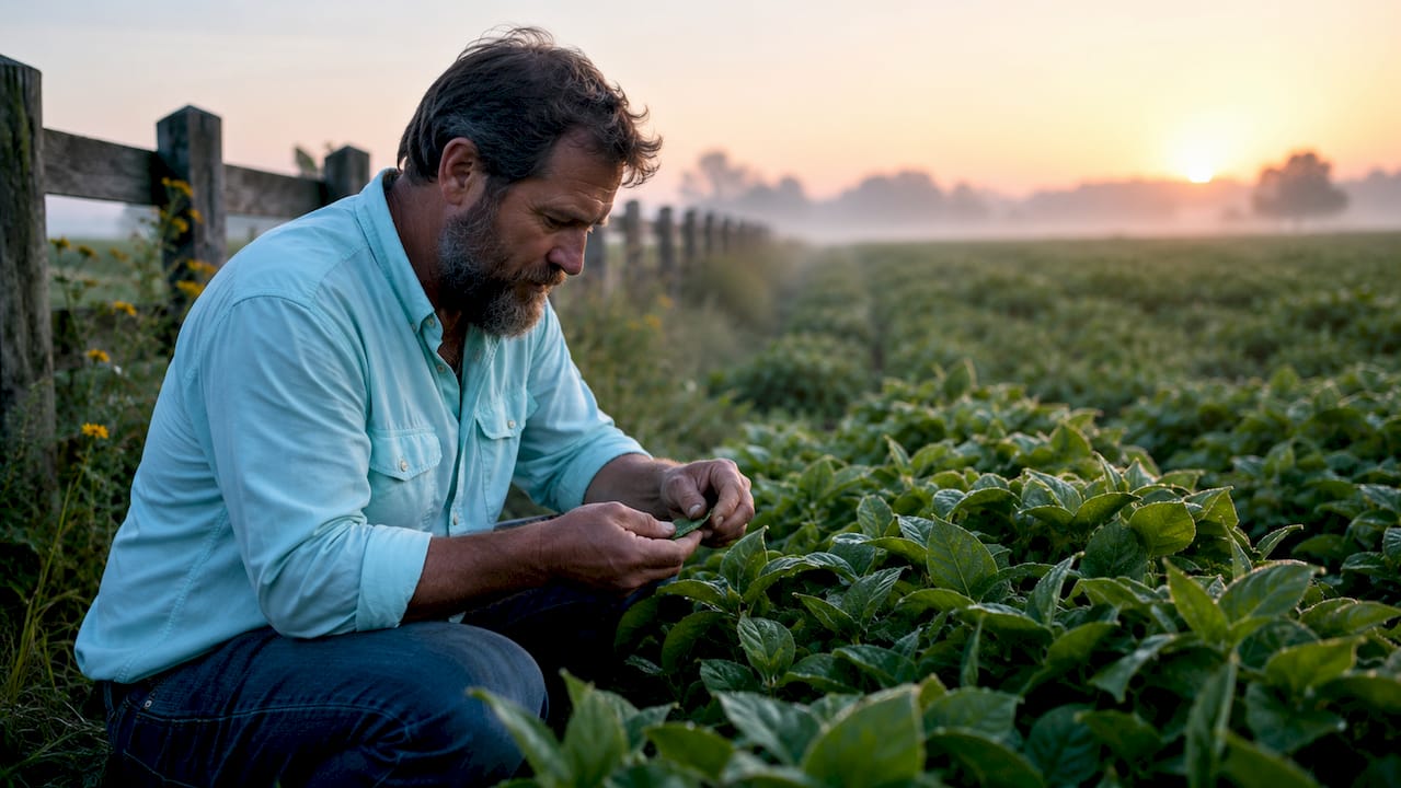 Soybean farm with farmer inspecting crops at sunset