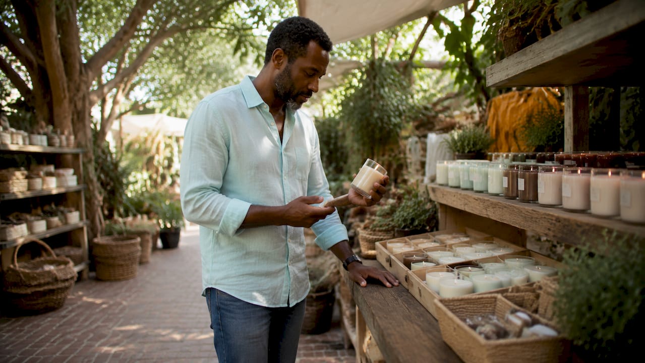 Hands selecting scented candles in boutique