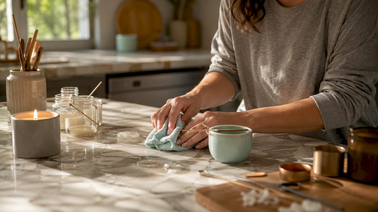 Hands cleaning spilled coconut wax with cloth