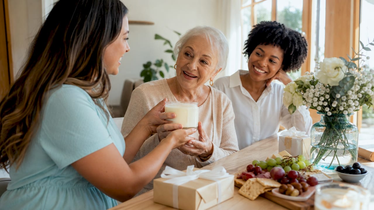 Family exchanging candle gifts in kitchen