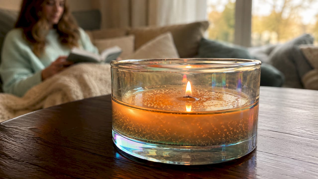 Close-up of candle melt pool with burning wick
