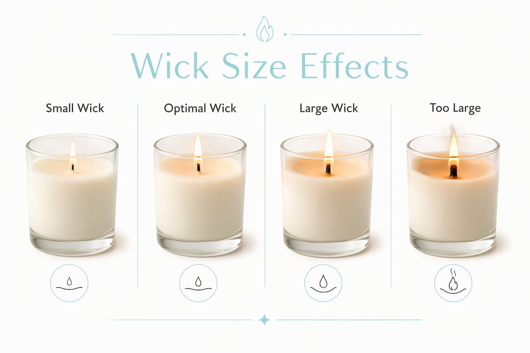 Infographic illustrating wick size impact on candle scent throw