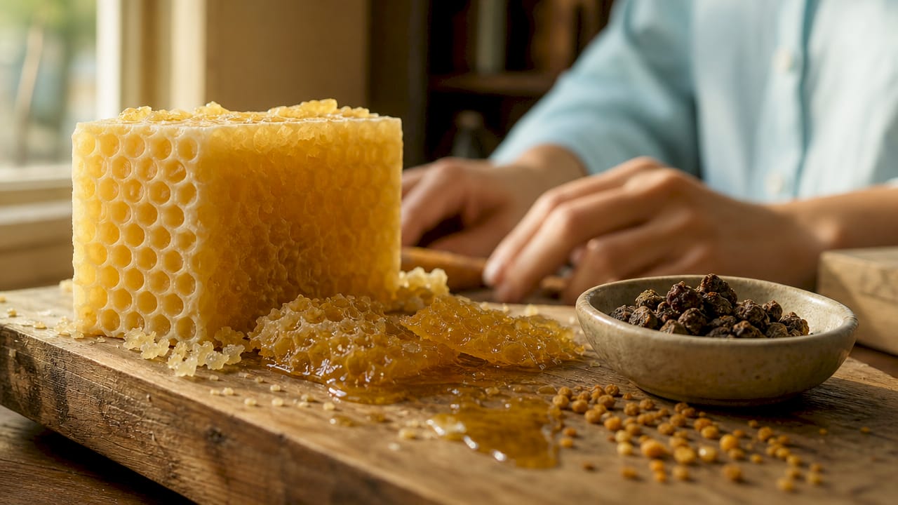 Close-up of beeswax candle and honeycomb textures