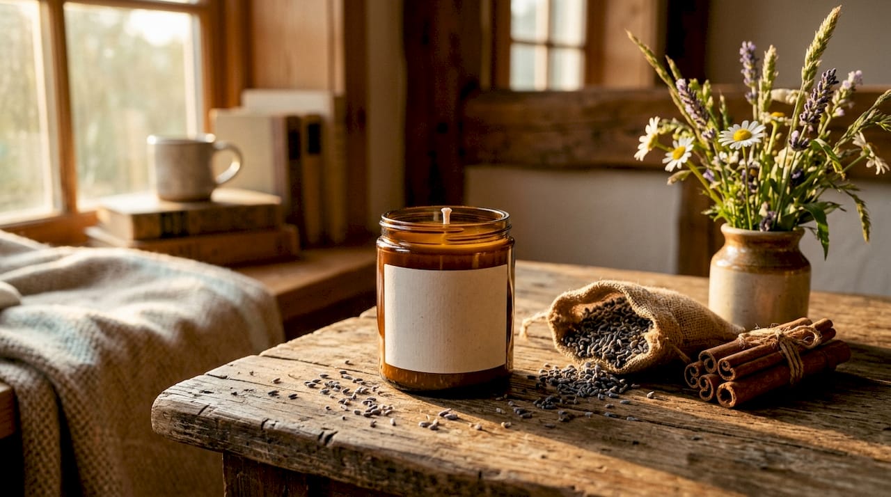 Close-up of natural wax candle and ingredients