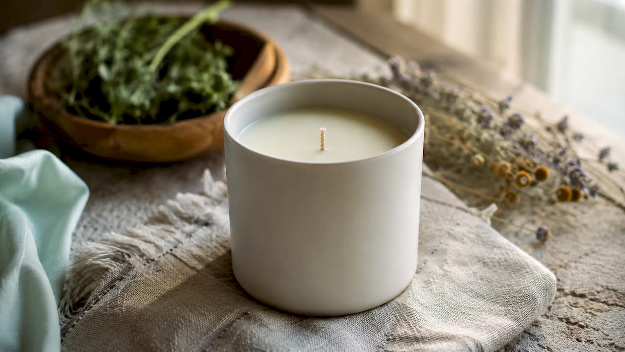 Close-up vegan soy wax candle with natural oils