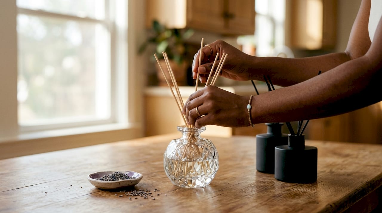 Hands inserting reeds into luxury crystal diffuser