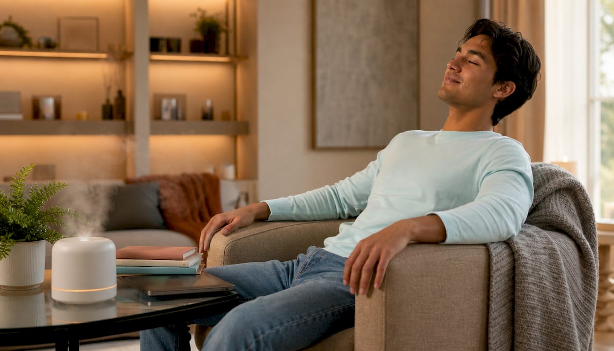 Man enjoying lemon scent in home office