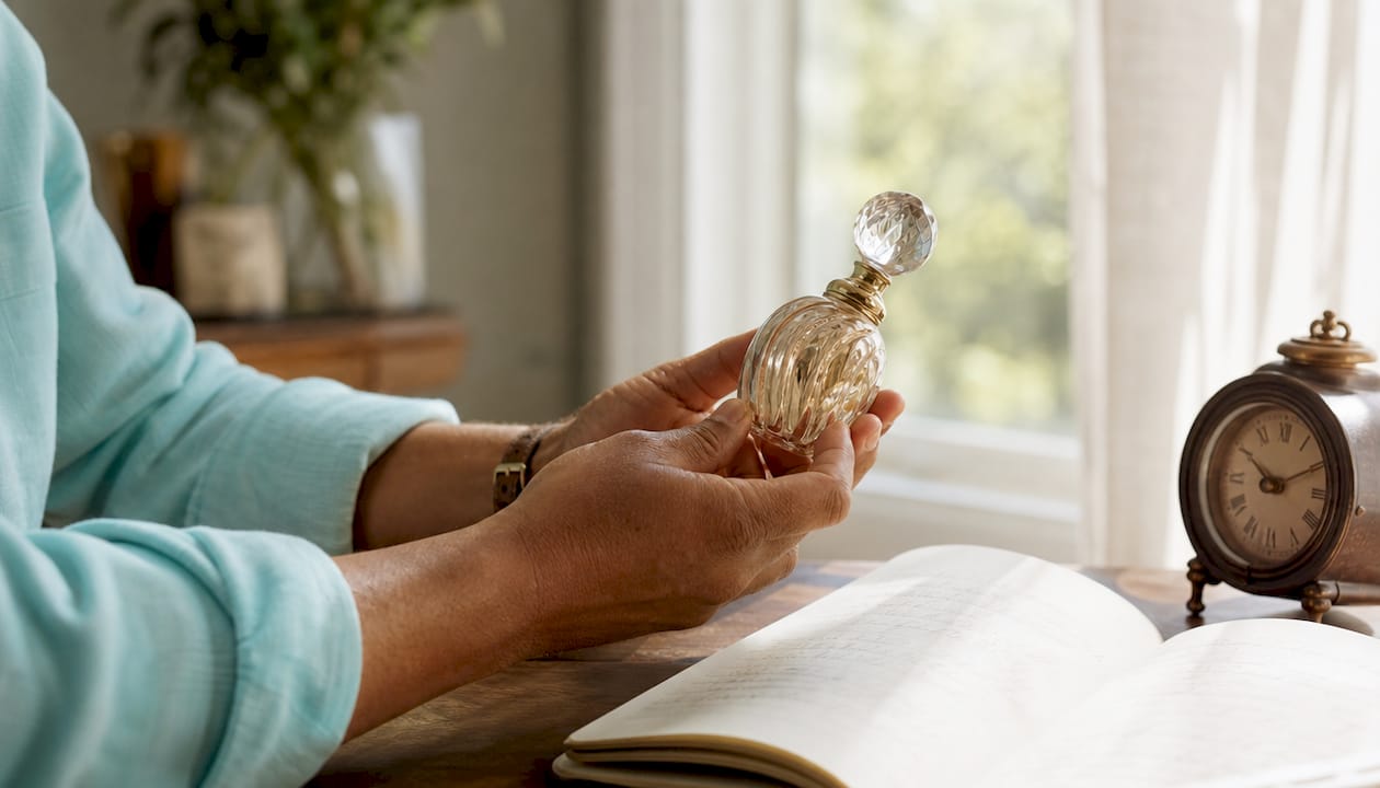 Hands holding perfume bottle in cozy setting