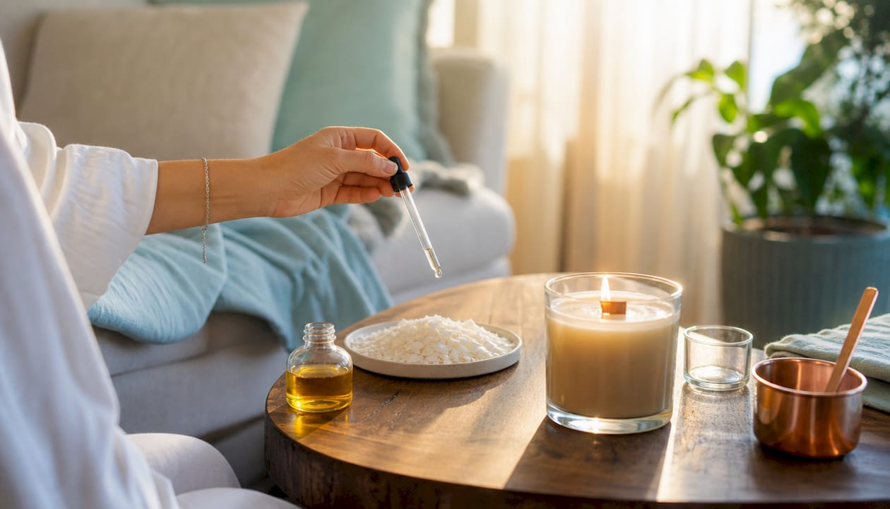 Close-up of essential oil and soy wax with lit candle