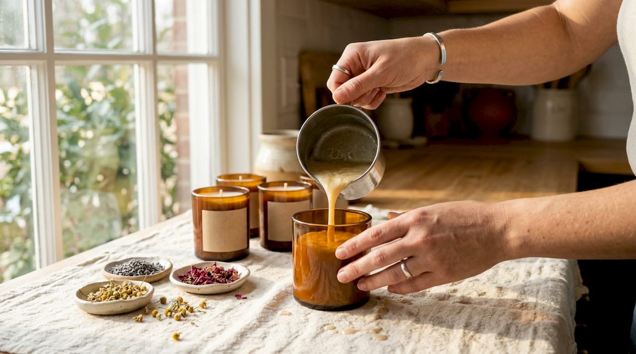 Hands trimming wick of artisan soy wax candle