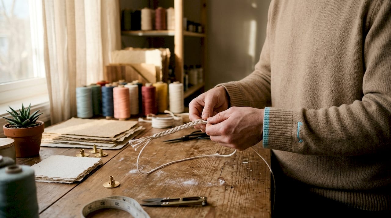 Close-up hands weaving ECO cotton and paper candle wick