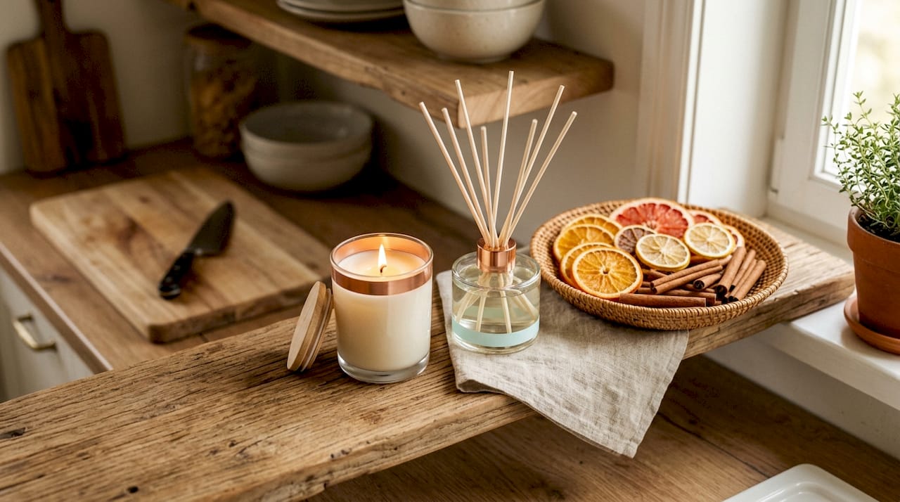 Candle and reed diffuser on wooden table