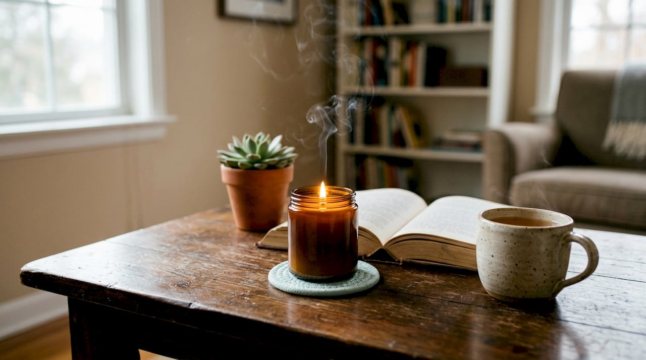 Close-up flame and smoke from synthetic scented candle