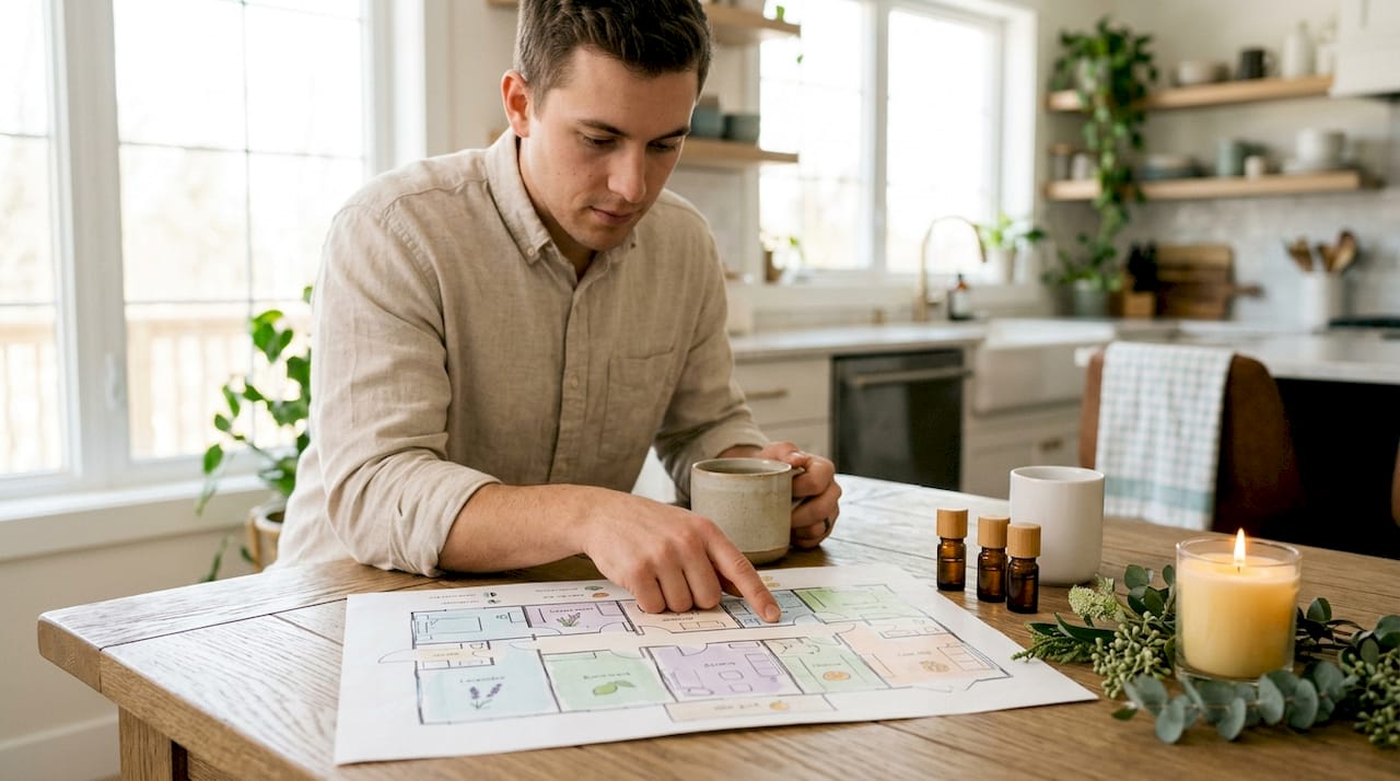 Man reviewing fragrance zoning map on coffee table