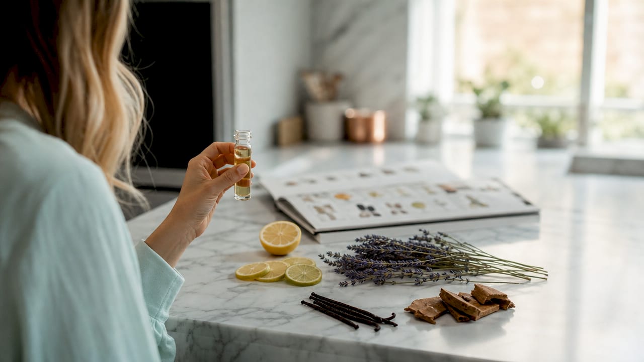 Natural scent ingredients on rustic counter overhead view
