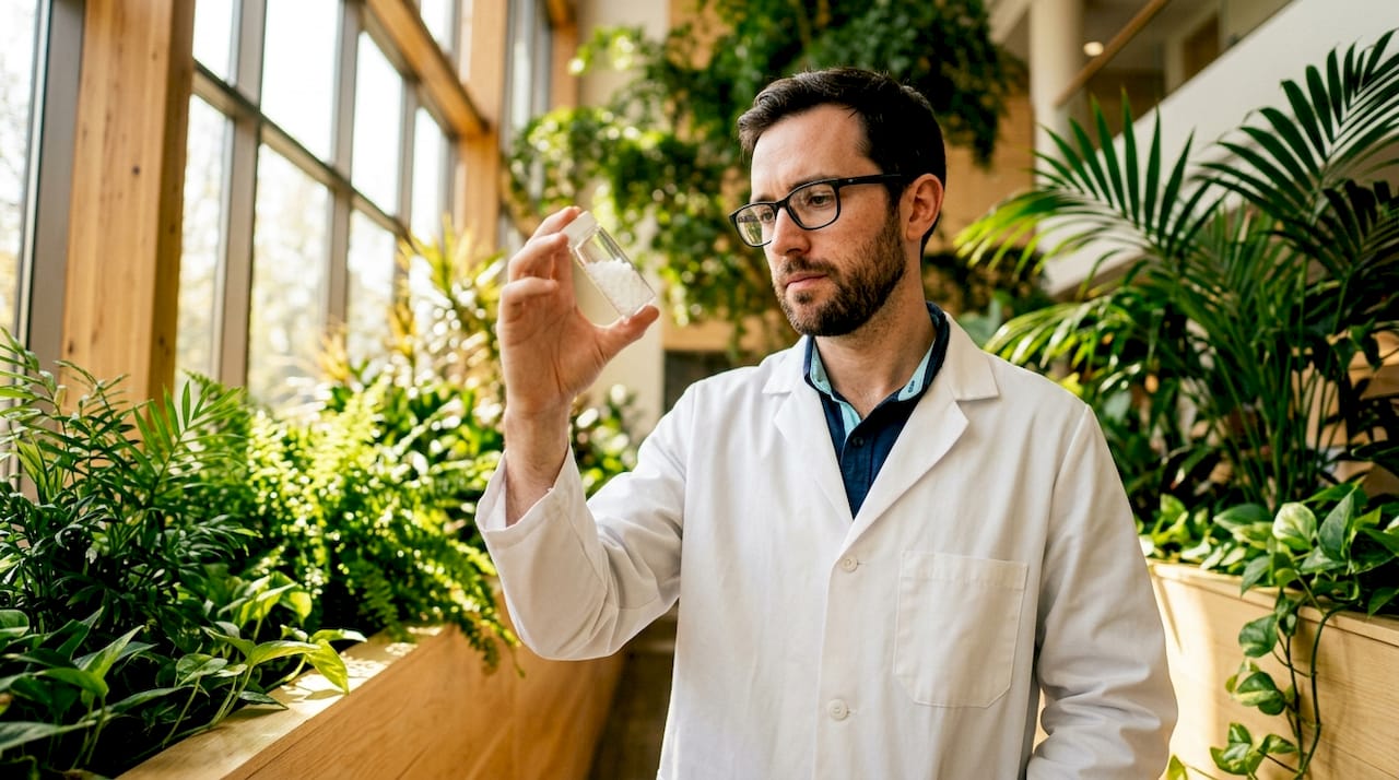 Scientist examining paraffin wax vial in lab