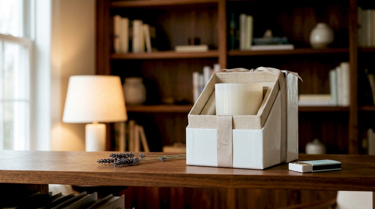 Close-up elegant candle packaging with card