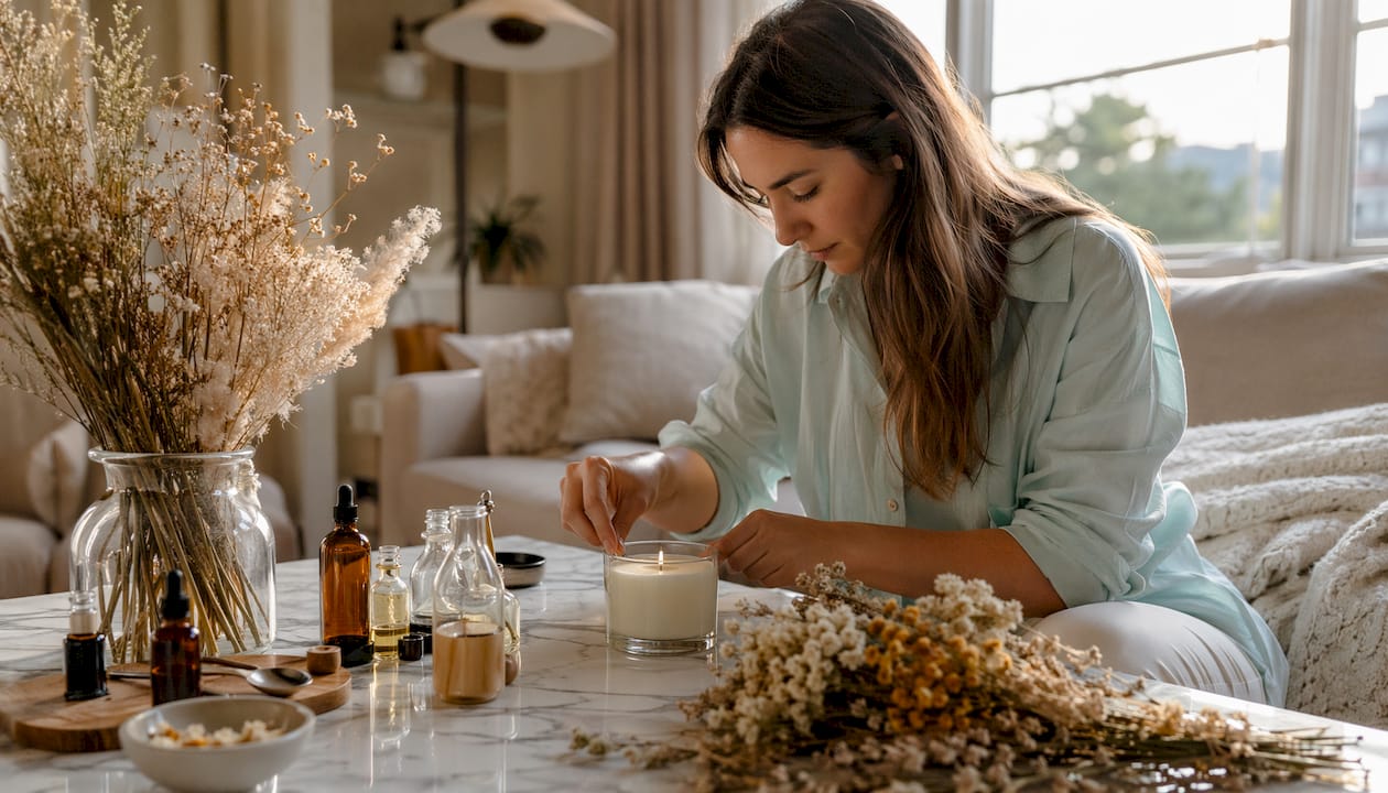 Hands adjusting wick of soy wax candle on counter