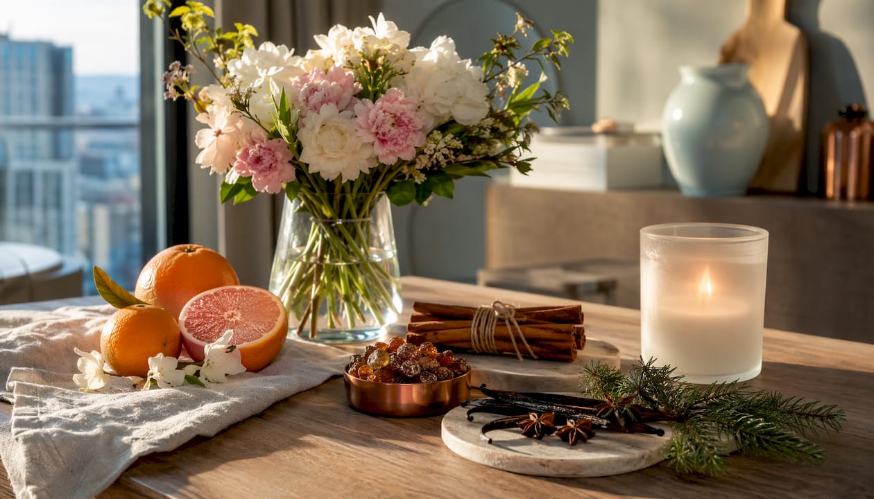 Seasonal scent elements arranged on marble counter