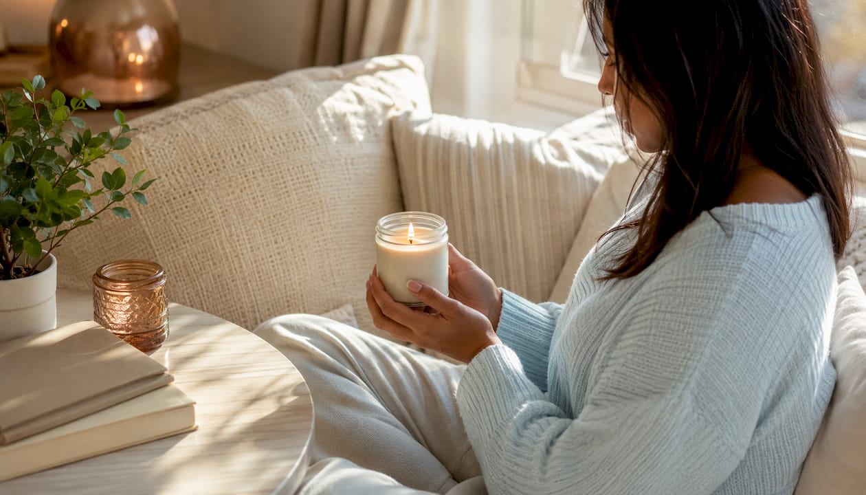 Hands holding lit paraben-free candle indoors