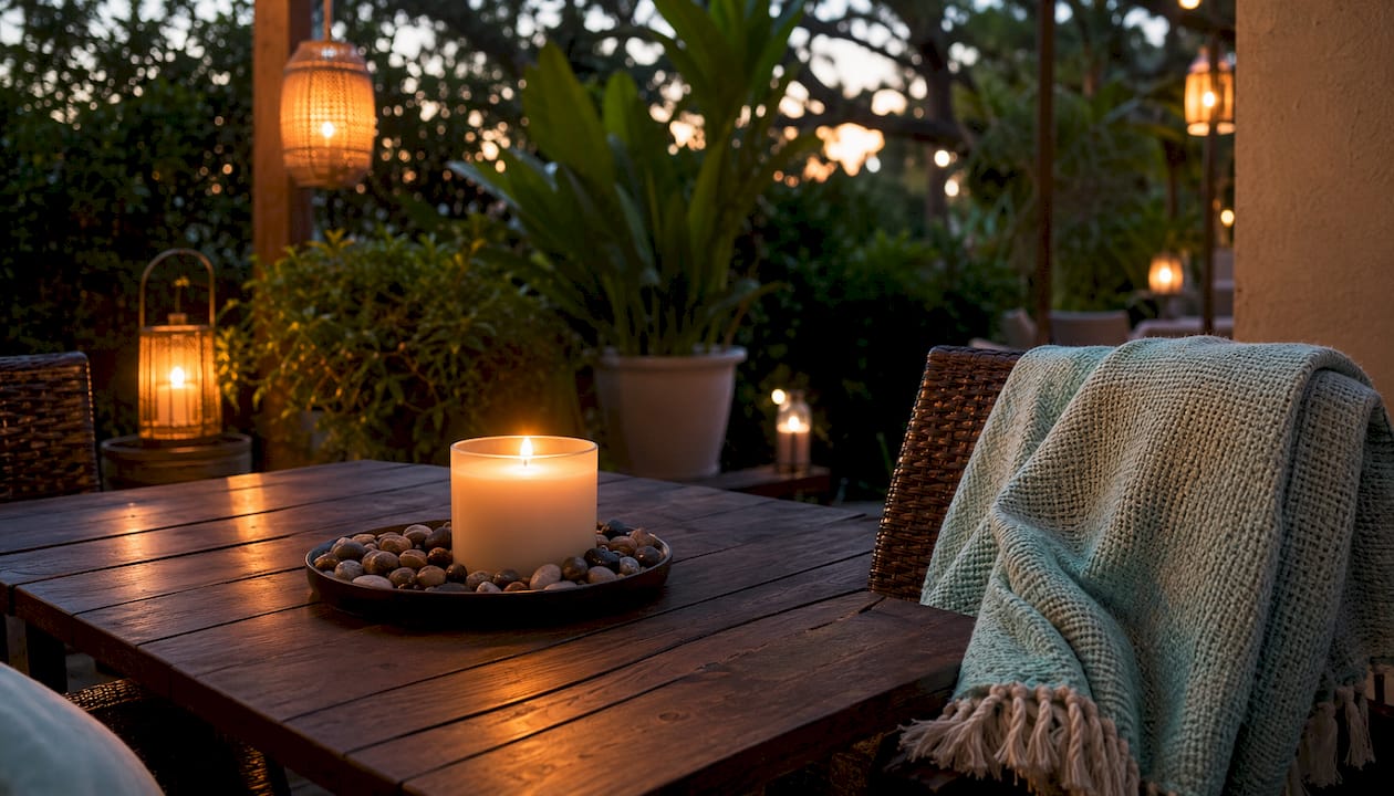 Lit paraffin candle on coffee table indoors