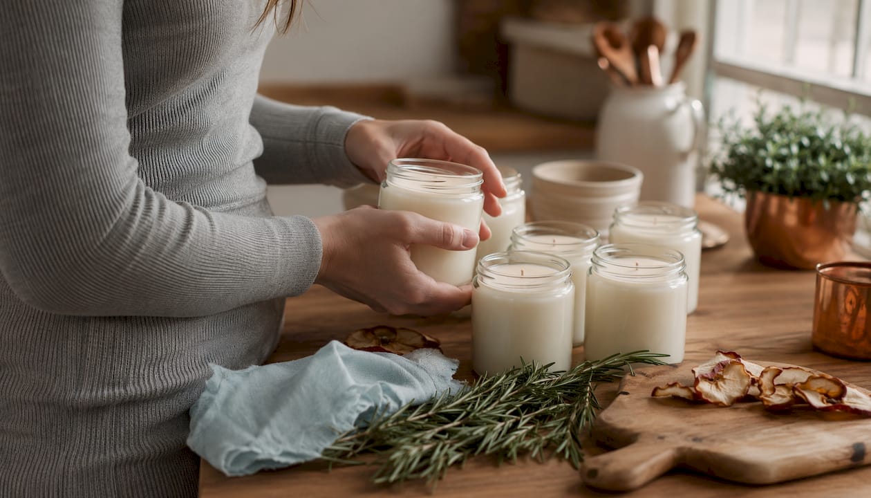 Hands selecting phthalate-free candles overhead