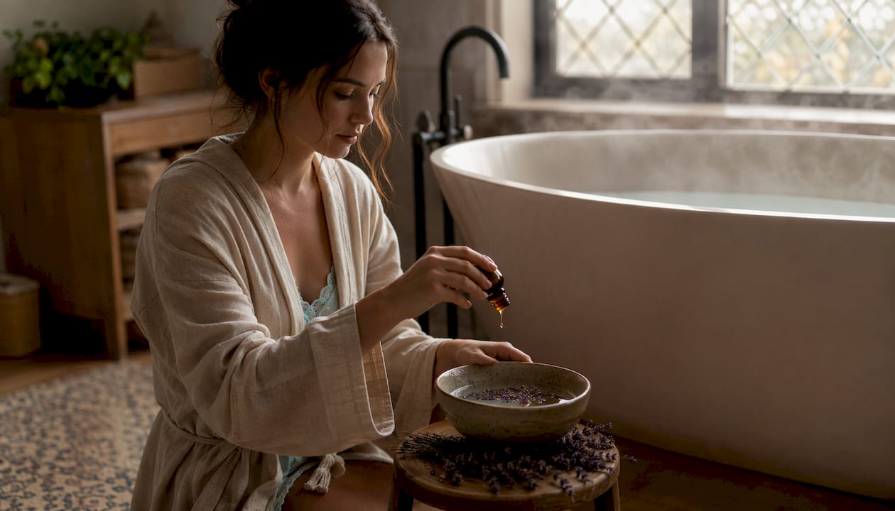 Hands pouring lavender oil next to steaming bath
