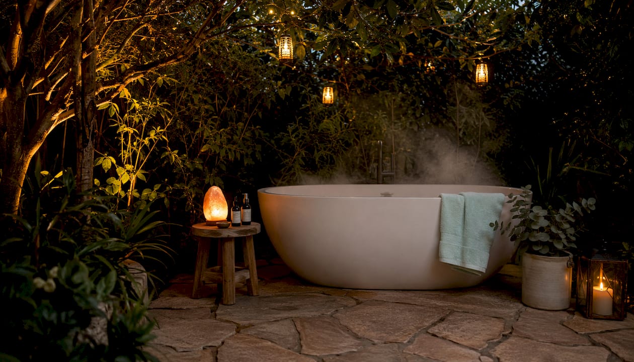 Dimly lit bath setup with oils and salt lamp