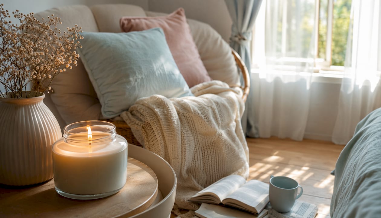 Lit soy candle with window ventilation overhead