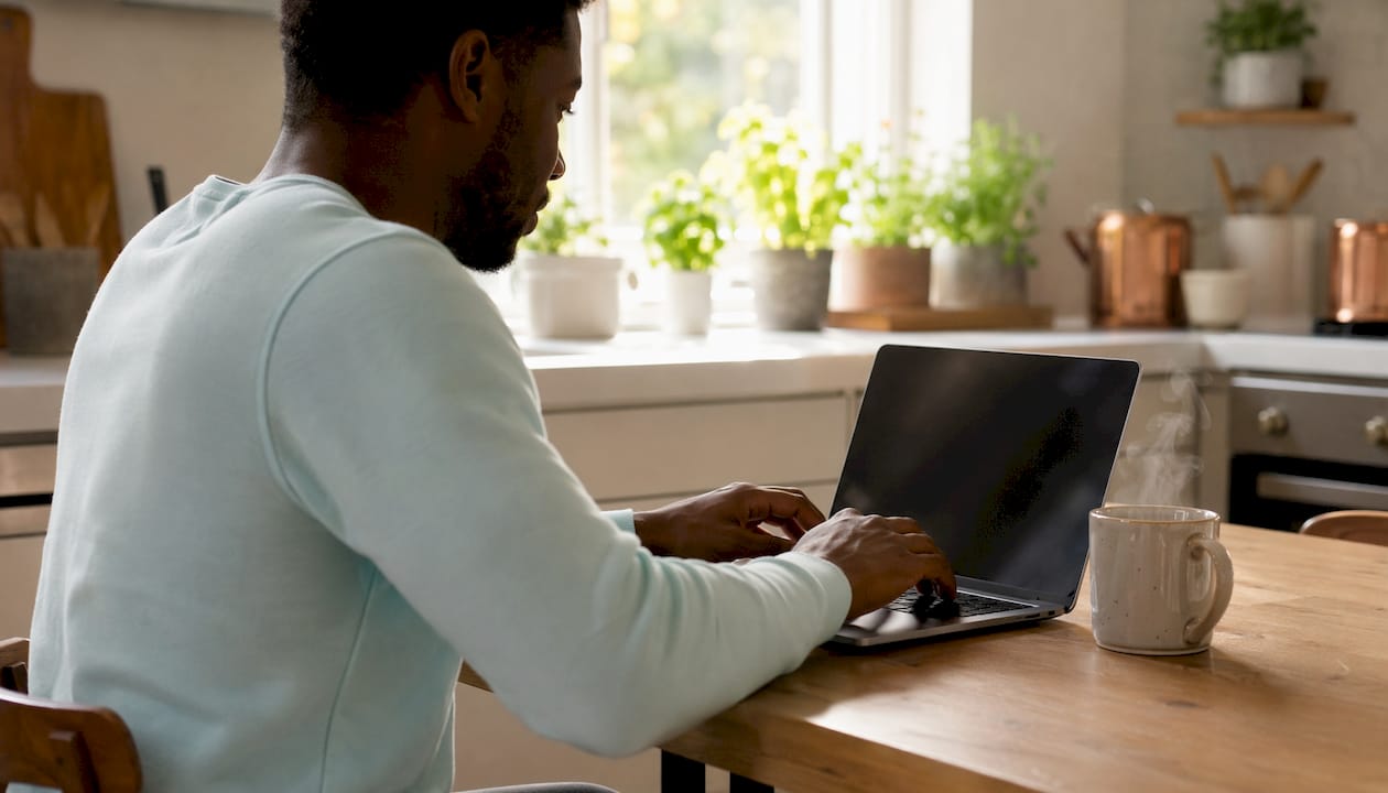 Home office with electric diffuser and focused worker