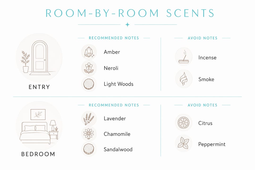 Infographic comparing recommended and avoid scents by room