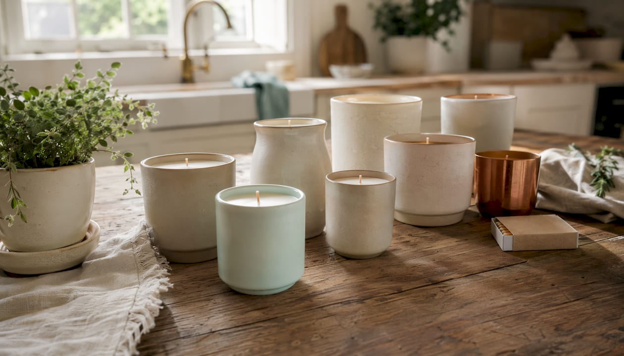 Overhead of artisanal candle collection and scent details