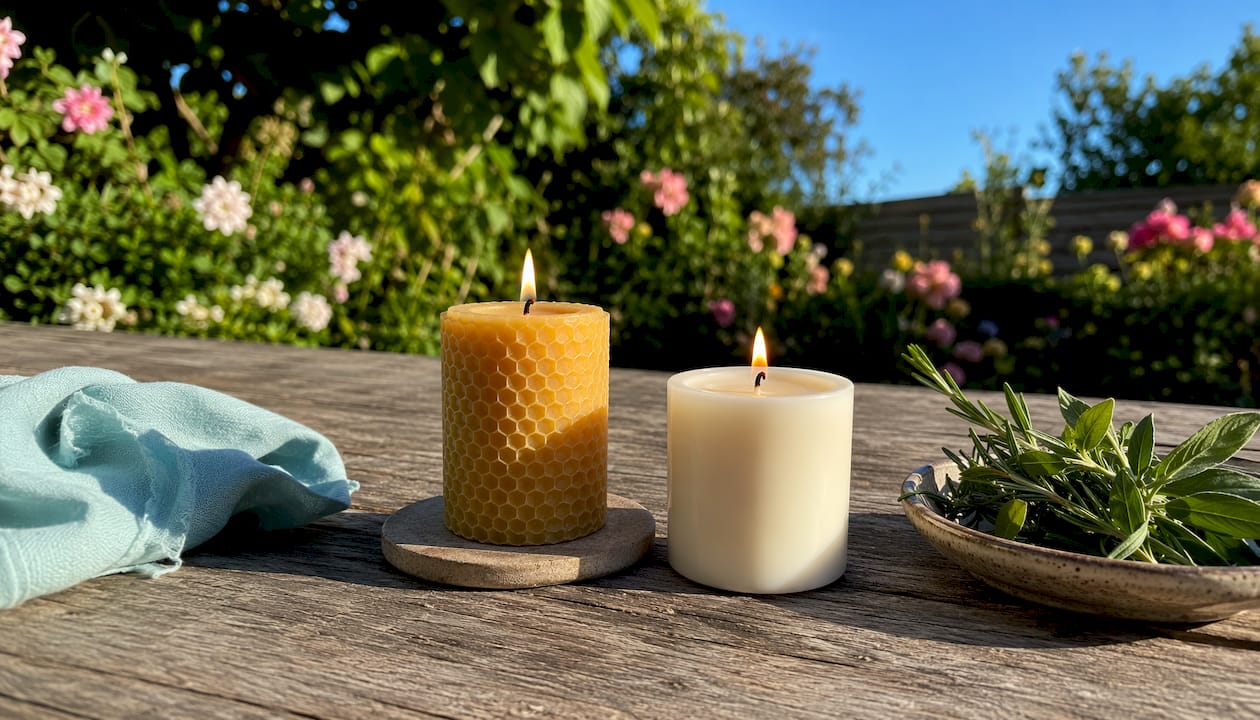 Soy and beeswax candles burning on windowsill