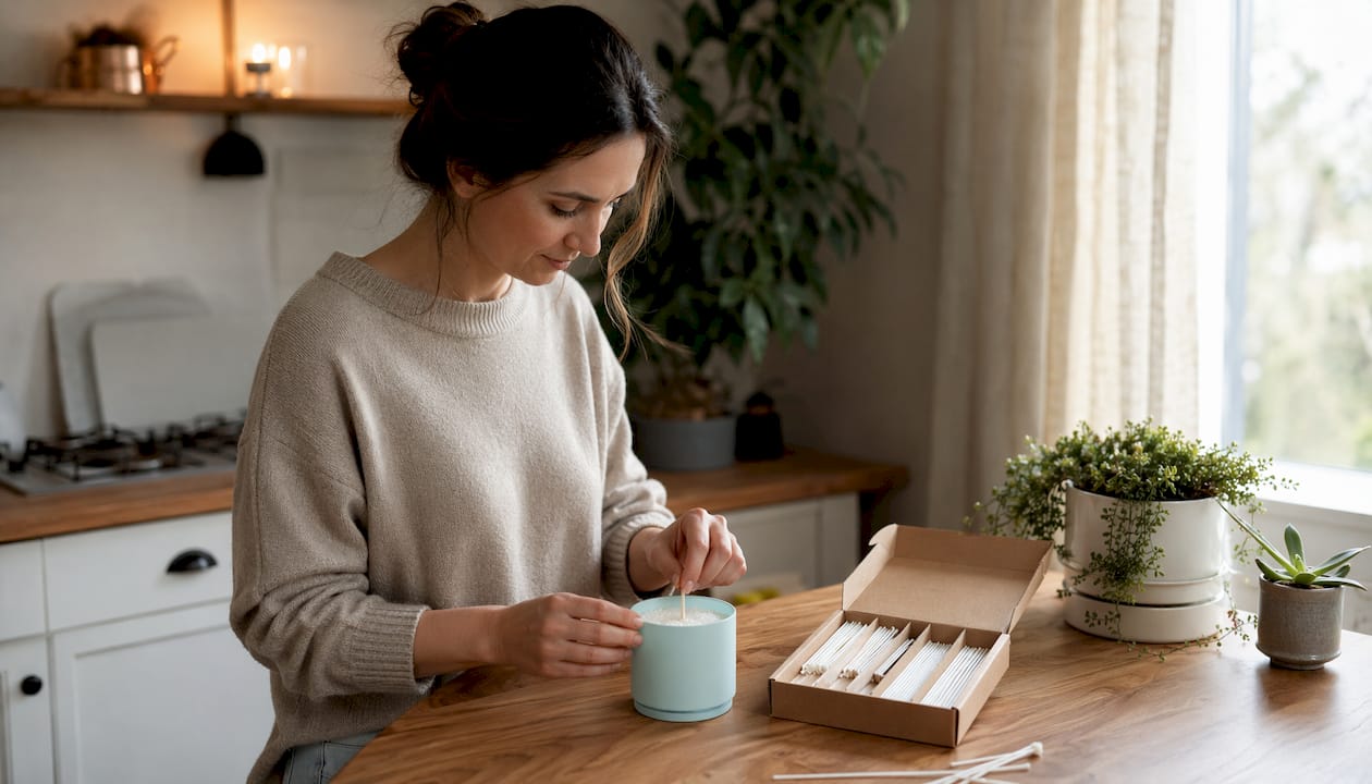 Woman refilling candle with wax beads