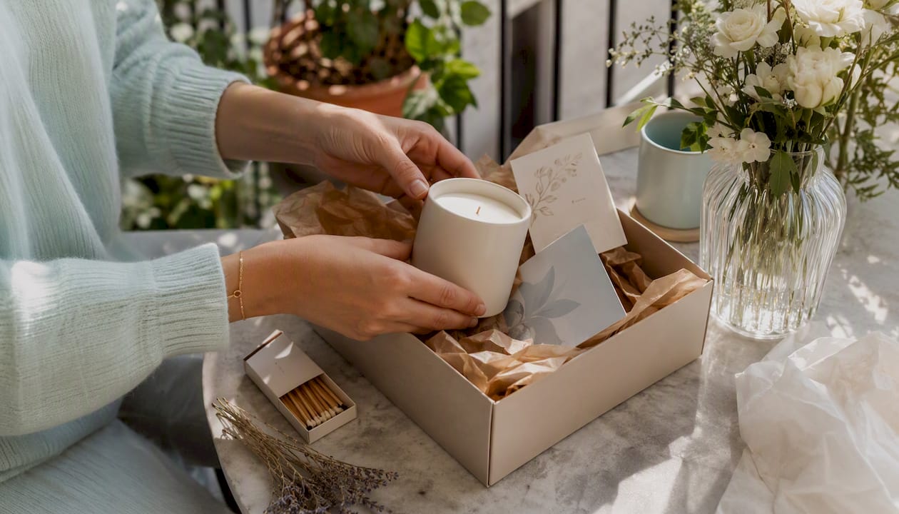 Hands preparing music-scent paired gift box overhead view