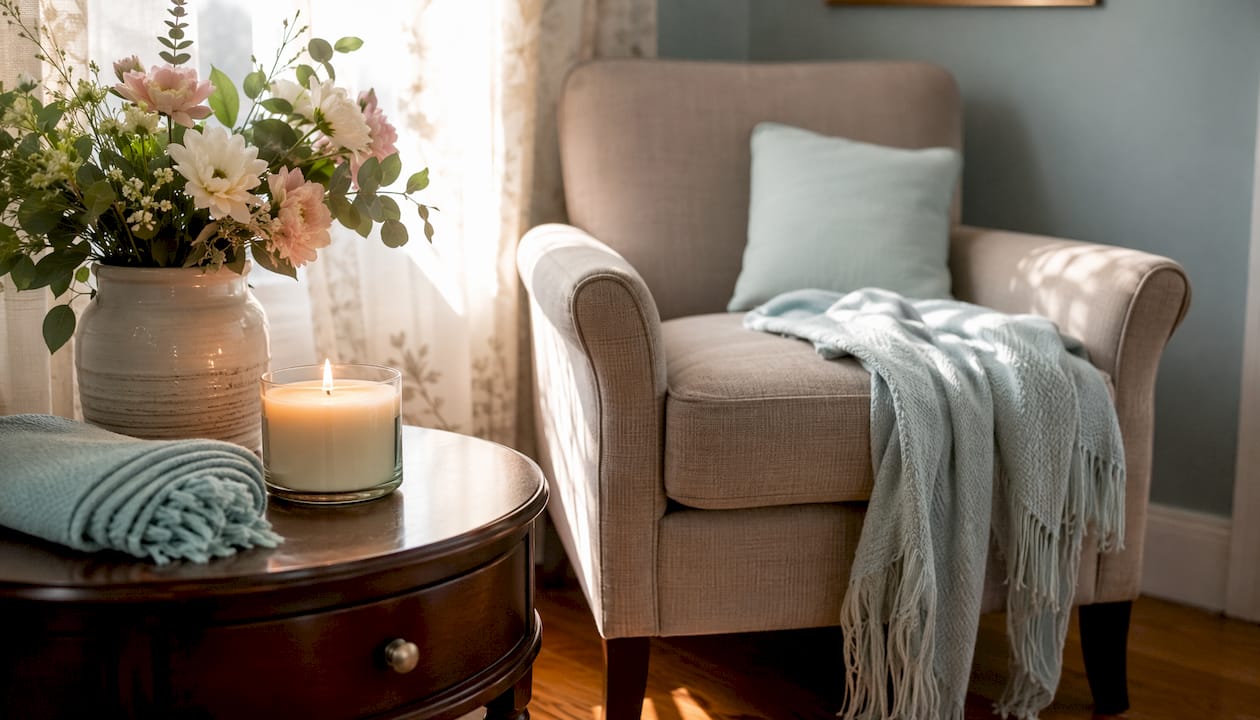 Lit candle on table in stylish living room corner