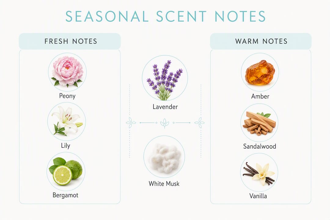 Infographic illustrating seasonal fresh, warm and bridge scent notes