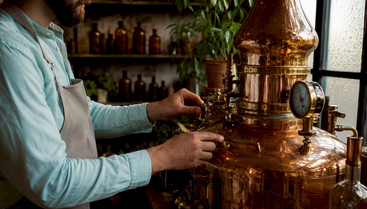 Hands adjusting steam distillation equipment