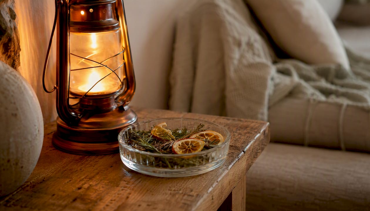 Warm lamp illuminating scent notes on bedside table
