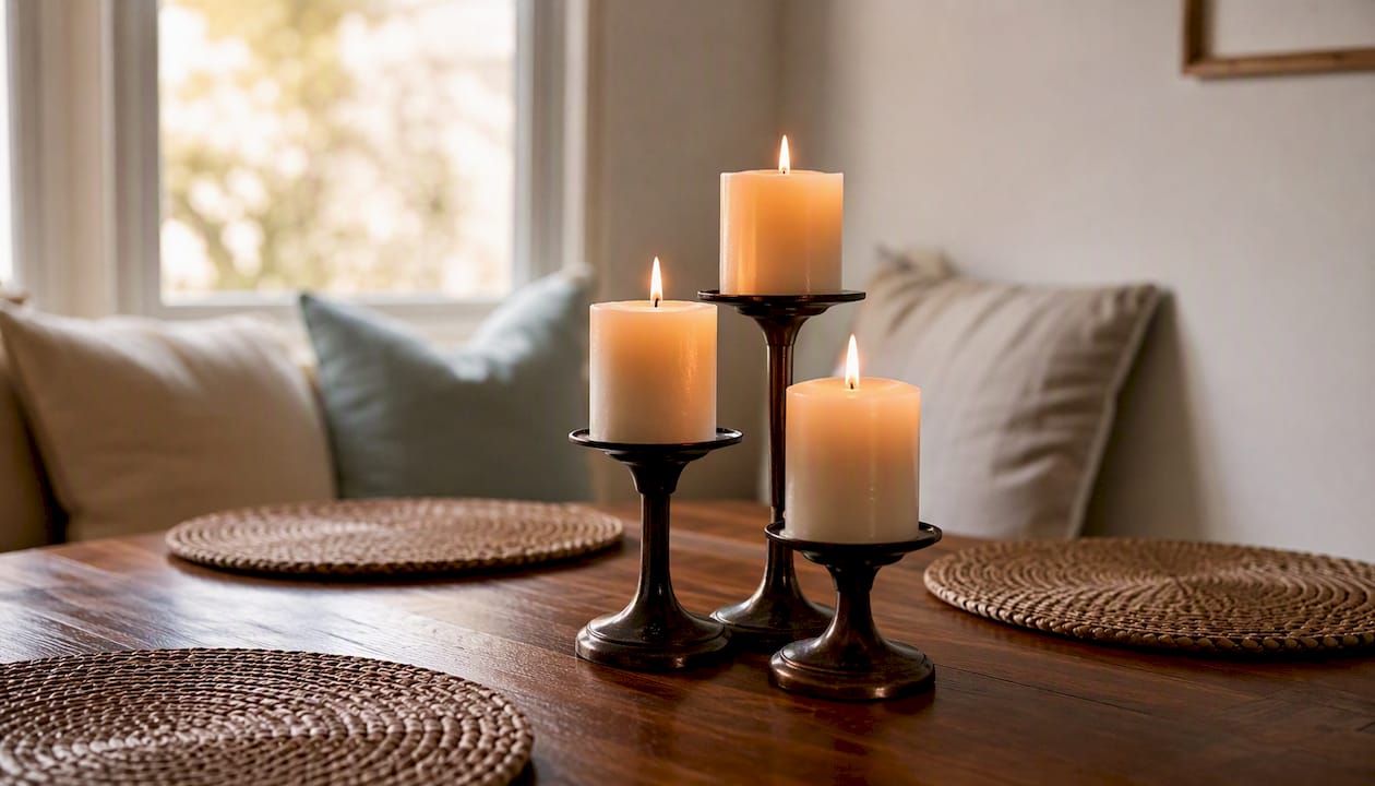 Cluster of mixed-height candles glowing warmly